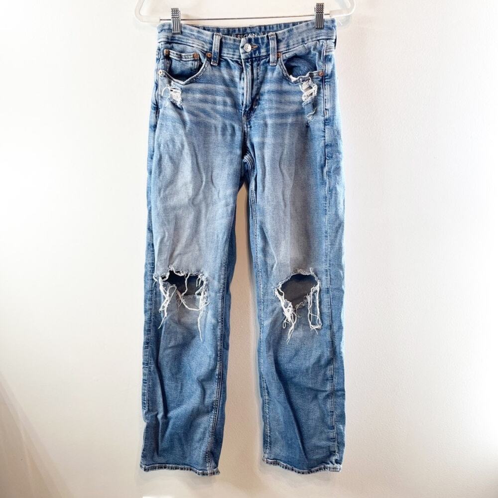 American Eagle High Rise Curvy Straight Leg Distressed Jeans Blue 6 Long - Picture 2 of 6